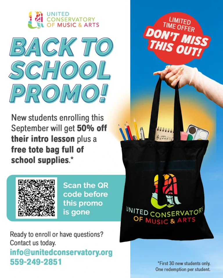 United Conservatory of Music & Arts Back to School Promo offering new students 50% off their intro lesson and a free tote bag with school supplies for August and September enrollment. Includes a QR code, enrollment contact information, and limited-time offer details.